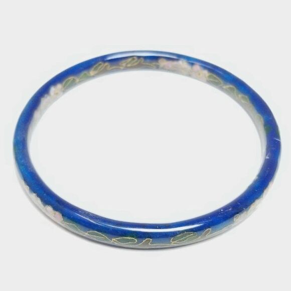 Vintage Blue Enamel and Floral Design Bangle Bracelet, Stacking, Retro Estate - Picture 1 of 7